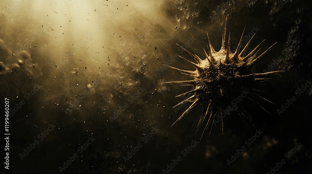Fototapeta premium Spiky microorganism illuminated by warm light, floating in a textured environment. Close-up emphasizes detail, biological structure, and abstract science concept. Generative AI