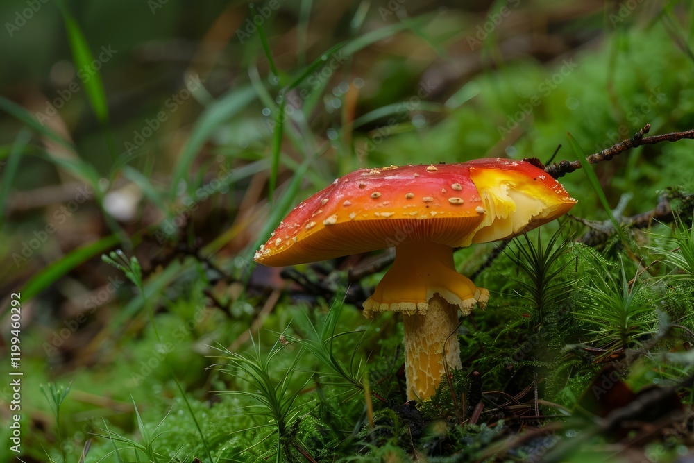 Red and orange mushroom with white spots growing in a lush, green, mossy forest environment Red and orange mushroom with white spots growing in a lush, green, mossy forest environment