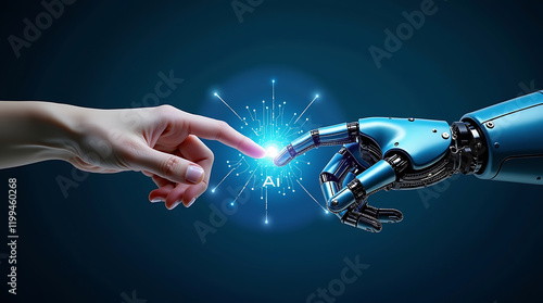 Robot hand making contact with human hand on dark background