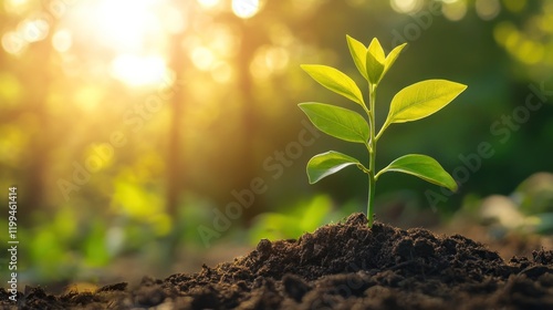 Wallpaper Mural A young plant grows from dark soil under the warm glow of the morning sun Torontodigital.ca