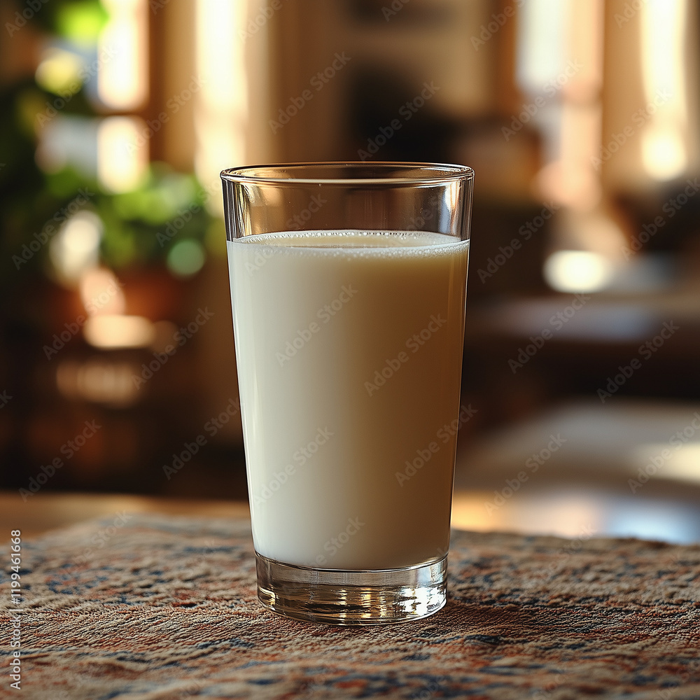 Glass of milk on table, nutritious beverage in cozy home setting, healthy snack, copy space Glass of milk on table, nutritious beverage in cozy home setting, healthy snack, copy space