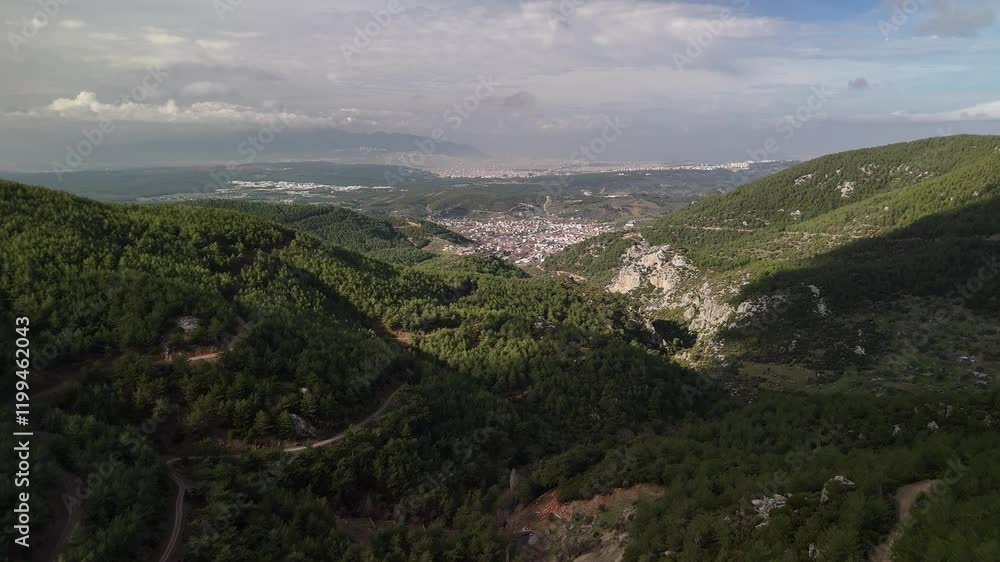 Drone shooting of forest and city views from the mountains Drone shooting of forest and city views from the mountains