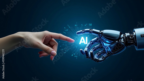 Robot hand making contact with human hand on dark background