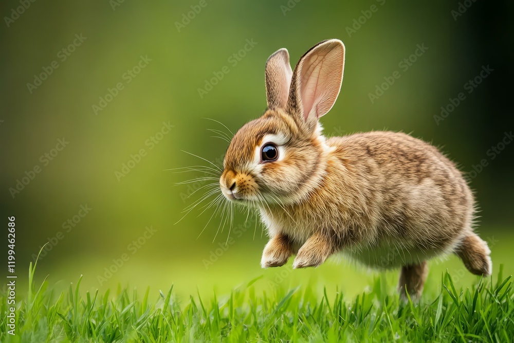 Small rabbit running through green grass in a sunny outdoor environment Small rabbit running through green grass in a sunny outdoor environment