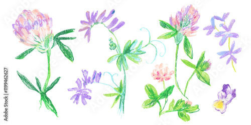 Wallpaper Mural Clip art purple flowers drawn with wax crayons on white isolated background. Children's botanical collection of oil pastel illustrations. Designs for greeting cards, stickers, social media, posters. Torontodigital.ca