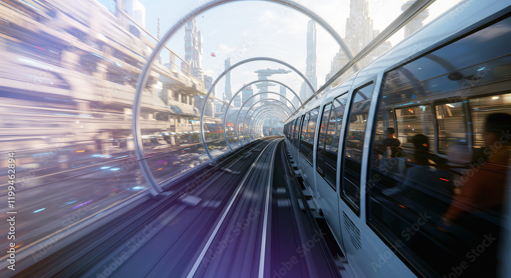 Obraz premium A futuristic city with a sleek train traveling through a transparent tunnel amidst high-tech architecture. Perfect for sci-fi concepts, transportation projects, and urban innovation themes.