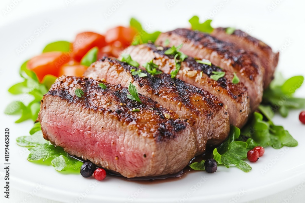 Plate of cooked meat and assorted vegetables served on a white background Plate of cooked meat and assorted vegetables served on a white background