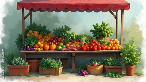 The image is a digital illustration of a fruit and vegetable stand. The stand is made of wood and has a red awning over it.