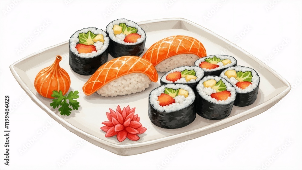 The image is a digital illustration of a sushi platter. The platter is rectangular in shape and has a white background. The image is a digital illustration of a sushi platter. The platter is rectangular in shape and has a white background.