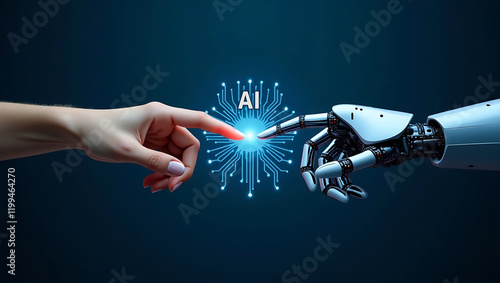 Robot hand making contact with human hand on dark background