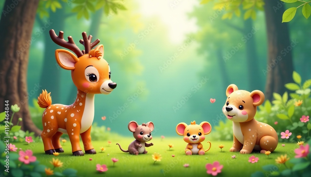 Naklejka premium A whimsical forest scene featuring cute animals playing in a vibrant, lush environment.