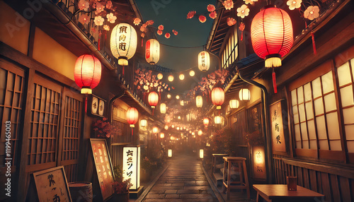 日本の伝統的な路地裏の夜景と提灯　生成AI