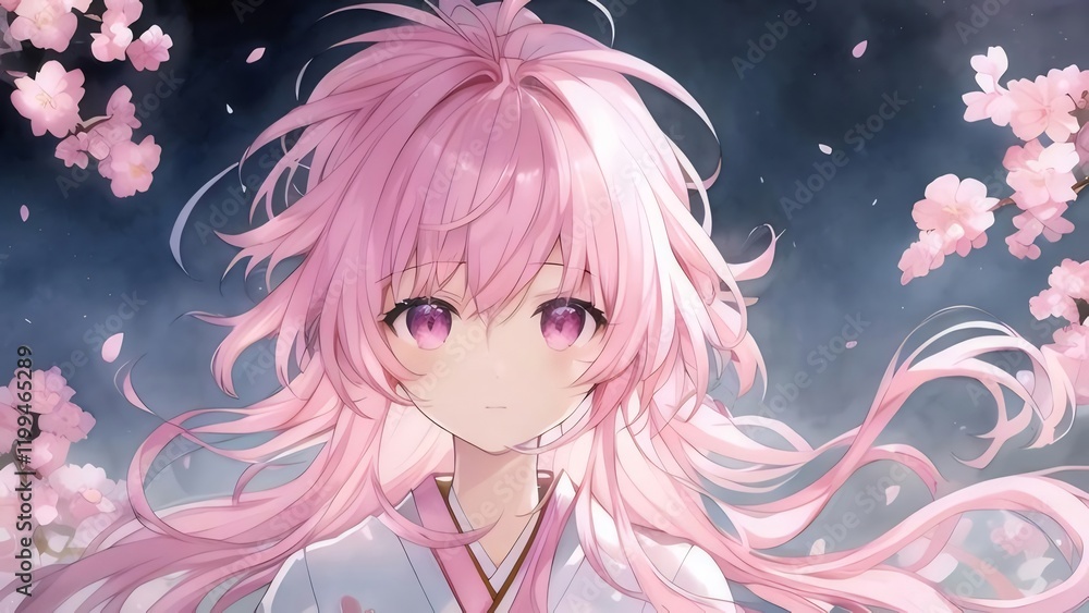 Pink-haired girl, cherry blossoms, night, anime art, website banner. Pink-haired girl, cherry blossoms, night, anime art, website banner.