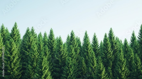 Lush green pine forest against a clear sky.
