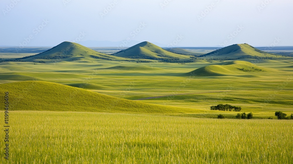 Fototapeta premium Rolling green hills and vast wheat field under a clear sky.