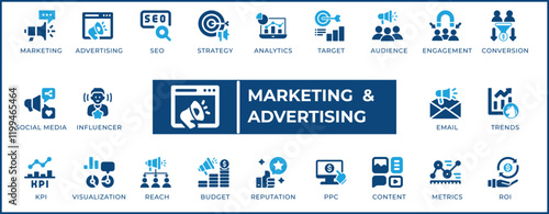 Digital Marketing and Advertising Icon Set. Features icons for digital marketing, content marketing, paid advertising,  ROI, KPIs, and more. Perfect for digital marketers, agencies, and businesses.