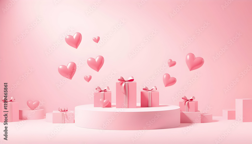 Valentine's Day scene, heart balloons, red and white hearts, gift boxes, pink background, romantic setting, love-themed decorations, festive display, 3D rendering, glossy surfaces, soft lighting, Valentine's Day scene, heart balloons, red and white hearts, gift boxes, pink background, romantic setting, love-themed decorations, festive display, 3D rendering, glossy surfaces, soft lighting,
