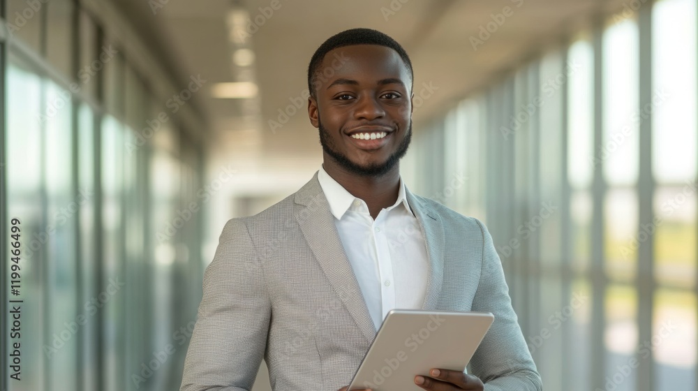 Fototapeta premium black man in suit and tablet smiling at camera