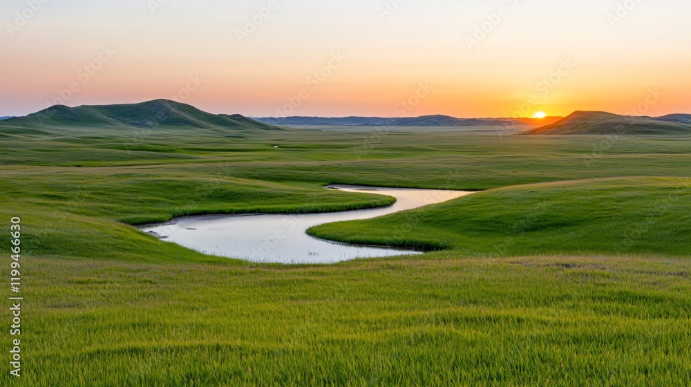 Fototapeta premium Serene sunset over a meandering river in a vast green prairie landscape.