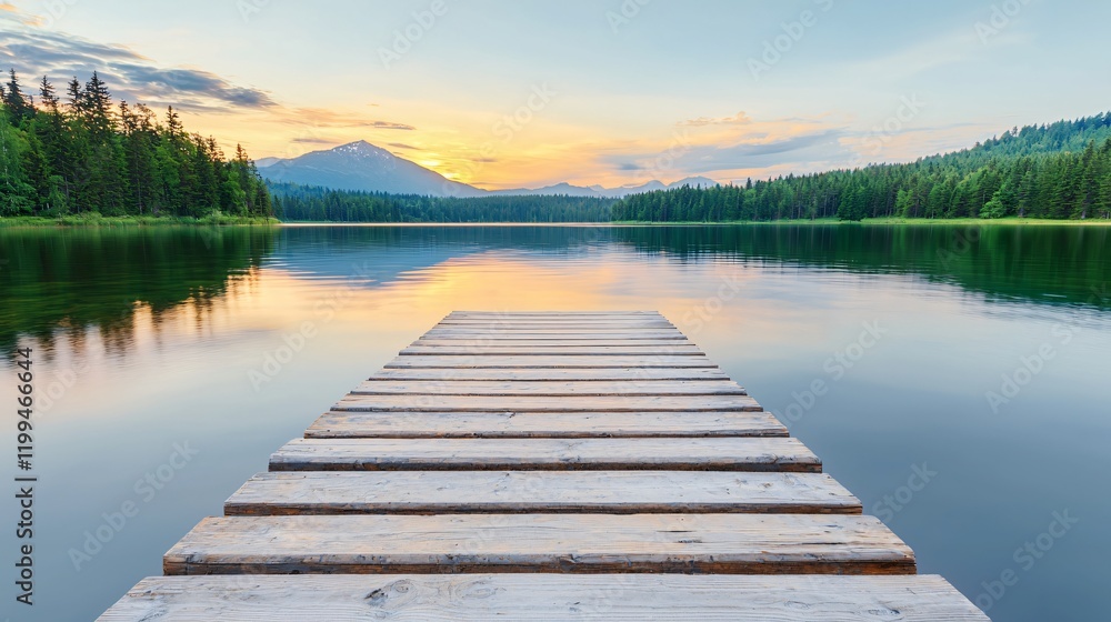 Obraz premium Serene sunset over calm lake, wooden dock extending towards mountain range.