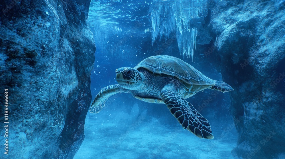 Fototapeta premium Underwater sea turtle swimming in a blue ocean cave.