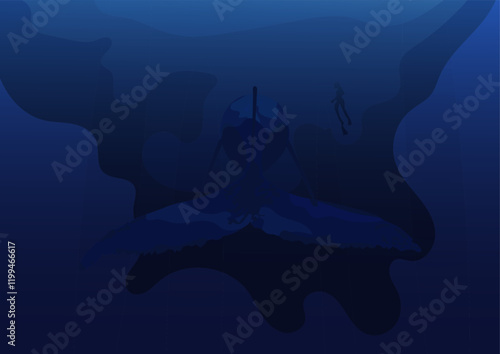 Blue whale, open ocean, sea, diver, nature, World Oceans Day concept, vector