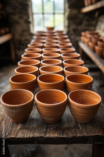 Handmade clay pots neatly arranged on a wooden table in a rustic workshop photo