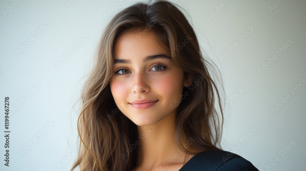 Simple Modern Graduation Portrait of Young Woman with Natural Beauty and Soft Smile in Bright Corner Light Simple Modern Graduation Portrait of Young Woman with Natural Beauty and Soft Smile in Bright Corner Light
