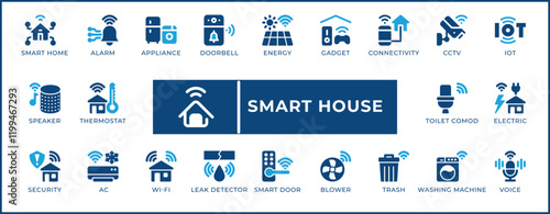 Smart Home Icon Set. Features editable icons for smart home, IoT, automation, home security, smart living, and more. Perfect for smart home companies, tech companies, and home automation enthusiasts.