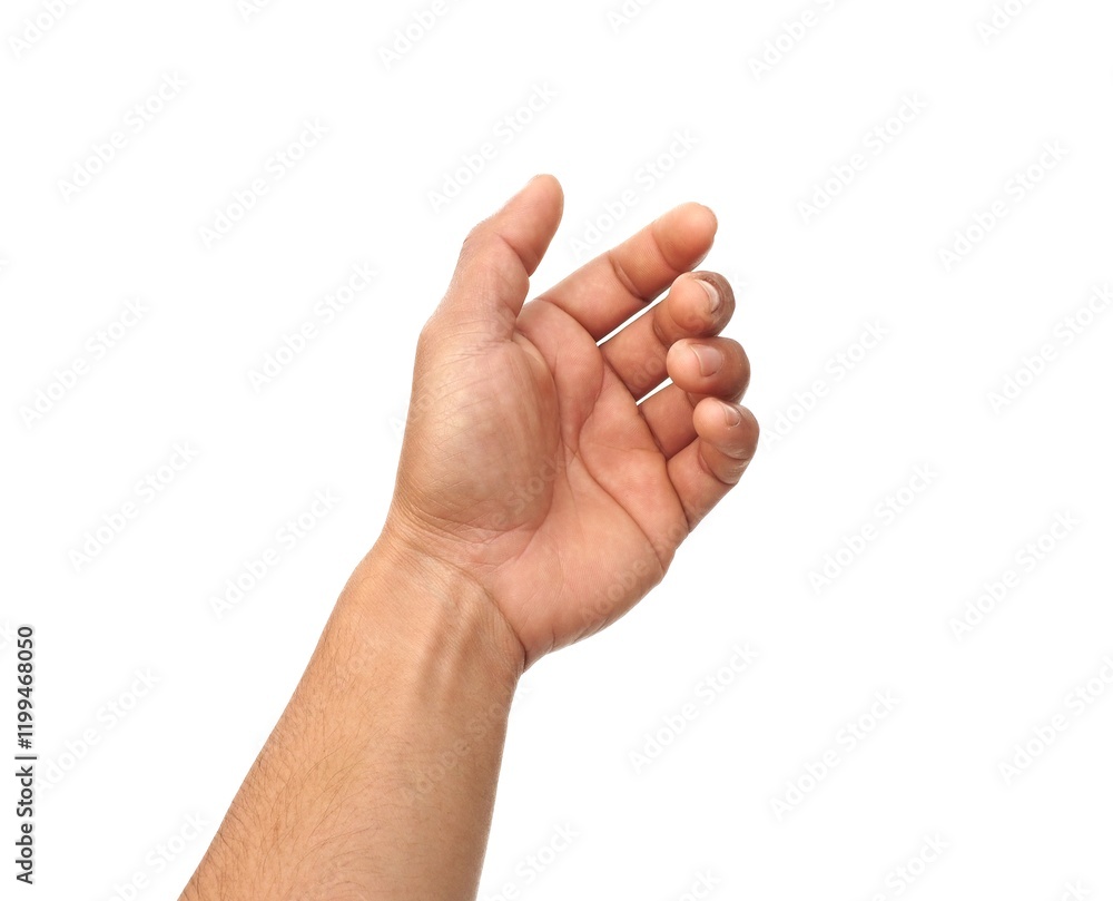 A man acts like he's holding something, like a phone or a water bottle. Or reaching out to handshake isolated on white background. A man acts like he's holding something, like a phone or a water bottle. Or reaching out to handshake isolated on white background.