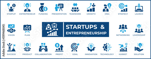 Startups and Entrepreneurship Icon Set. Features editable icons for business, leadership, and more. Perfect for startups, entrepreneurs, investors, and anyone interested in the startup ecosystem.