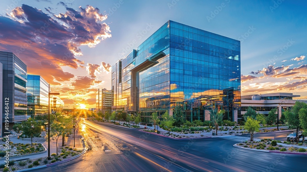 Fototapeta premium Modern glass office buildings at sunset.