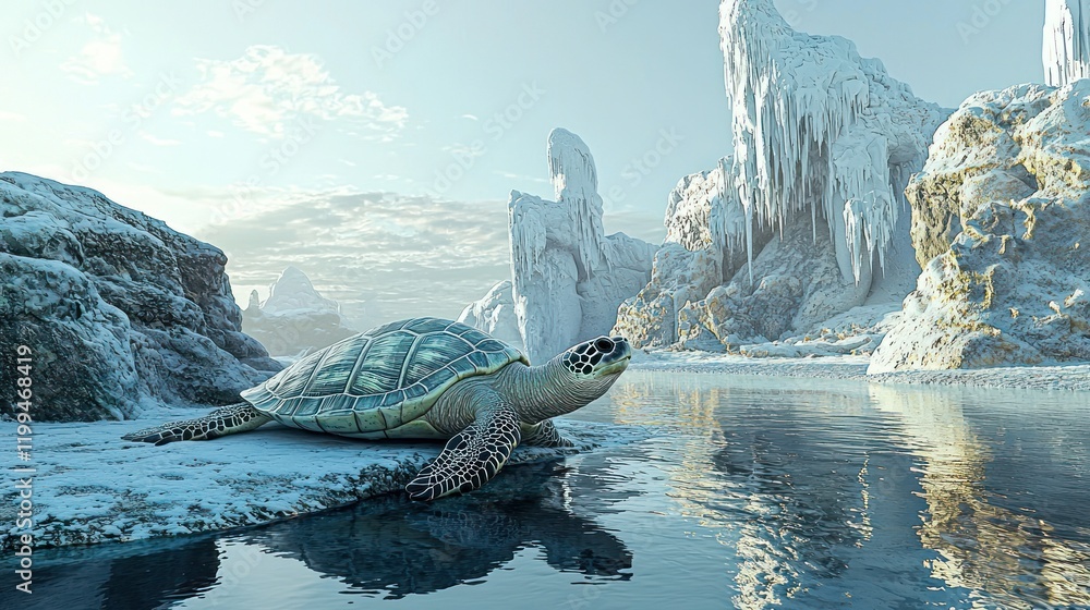 Fototapeta premium Sea turtle on snowy, icy landscape.