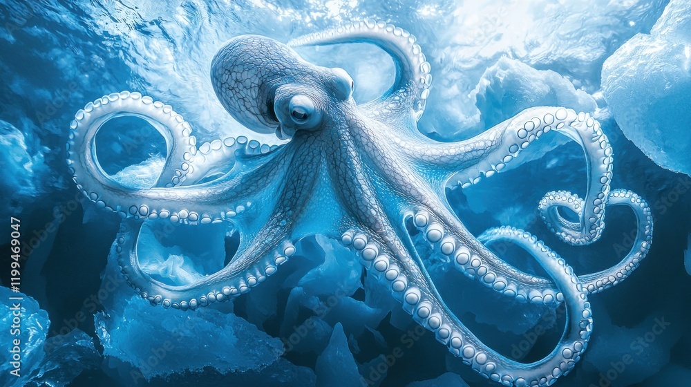 Obraz premium Octopus in icy underwater cave.
