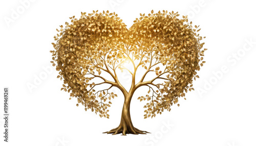 A heart-shaped tree with branches forming a protective canopy, each leaf shaped like a heart, surrounded by soft golden rays, symbolizing eternal love and protection, on a white transparent background