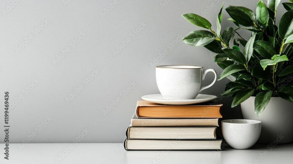 A harmonious workspace is presented with a stack of books resting against a textured wall, complemented by a cup and a small plant, evoking focus and inspiration in a tranquil environment A harmonious workspace is presented with a stack of books resting against a textured wall, complemented by a cup and a small plant, evoking focus and inspiration in a tranquil environment