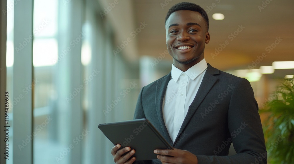 black man in suit and tablet smiling at camera black man in suit and tablet smiling at camera
