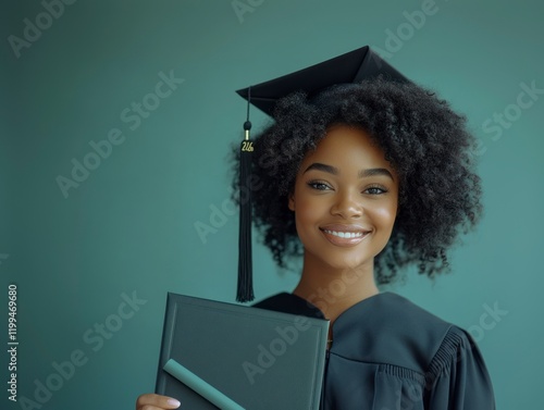 Young Woman Celebrating Graduation Holding Diploma Against Green Background with a Beaming Smile photo