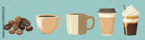 Coffee variety illustrated cups, vector element set