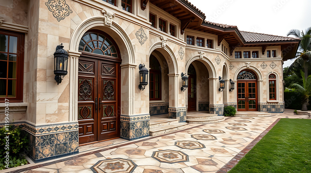 Obraz premium Mediterranean Mansion: Luxurious Home Exterior with Stone Facade and Elegant Design