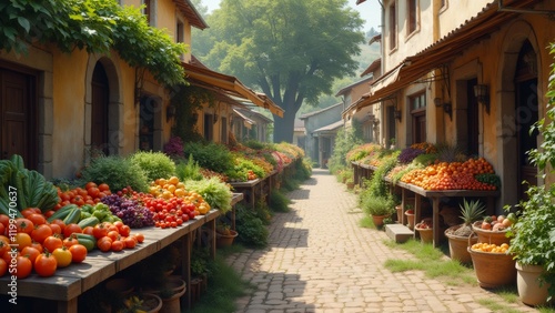 The image shows a narrow street lined with old-fashioned buildings on both sides. The buildings are painted in a light yellow color and have arched windows and doors.