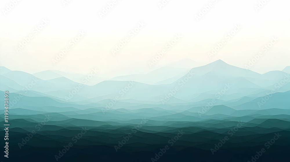 Fototapeta premium Serene teal mountain range landscape, misty atmospheric perspective, minimalist design, nature background.