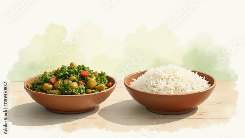 The image shows two bowls of food on a wooden table. The bowls are brown in color and have a smooth surface.
