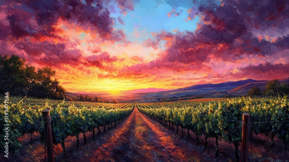 Naklejka premium A vibrant sunset over lush vineyards, with rows of grapevines leading toward a colorful sky filled with dramatic clouds.