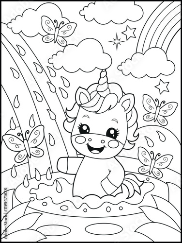 Illustration of a cute unicorn cartoon character. Black and white Printable Unicorn coloring page for kids.