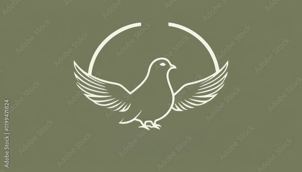 Obraz premium A minimalist design featuring a bird in flight within a circular frame against a muted green background, representing freedom and peace