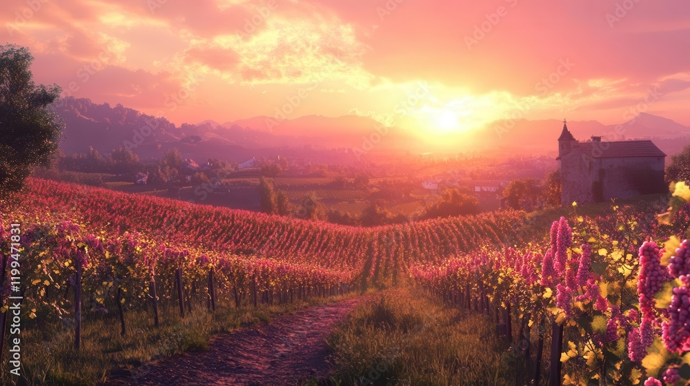 Fototapeta premium A vibrant sunset over a blooming vineyard, with colorful flowers lining the path and rolling hills in the background, creating a serene and picturesque landscape.