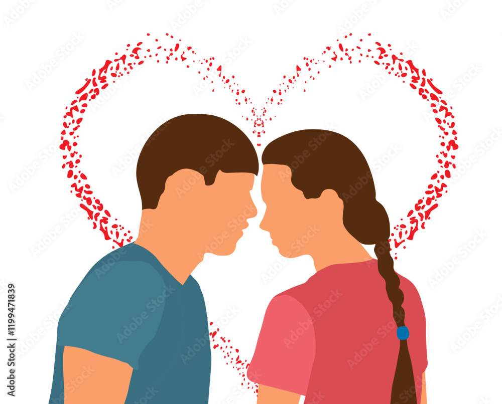 Romantic couple with heart shaped background looking at each other, for Valentine's day. Vector illustration Romantic couple with heart shaped background looking at each other, for Valentine's day. Vector illustration