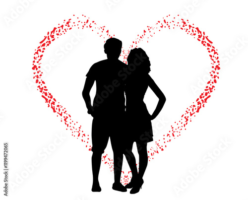 Silhouette of loving couple standing inside heart, Valentine's day. Vector illustration