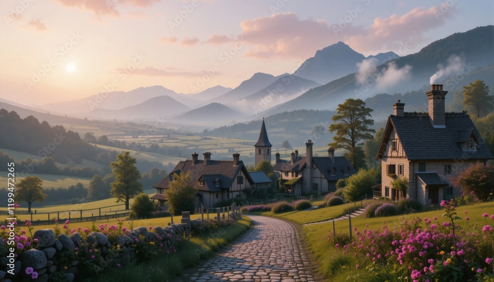 Serene Sunrise Village nestled in misty mountain valley Serene Sunrise Village nestled in misty mountain valley